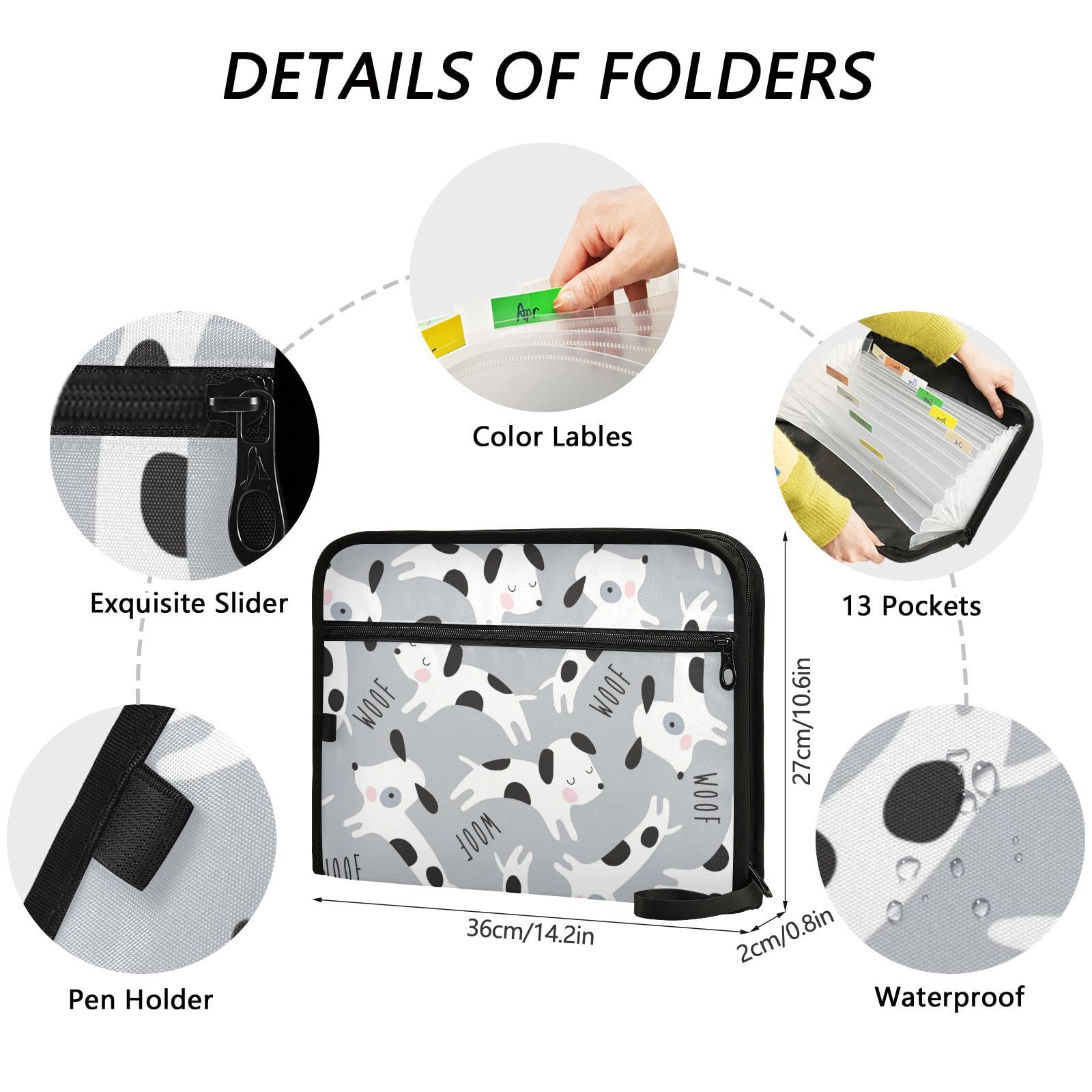 ZZKKO 13 Pockets Expanding File Folder Cute Dogs Animal Grey with Sticky Labels Accordion File Folder Document Organizer Letter Size A4 Papers Expandable File Keeper