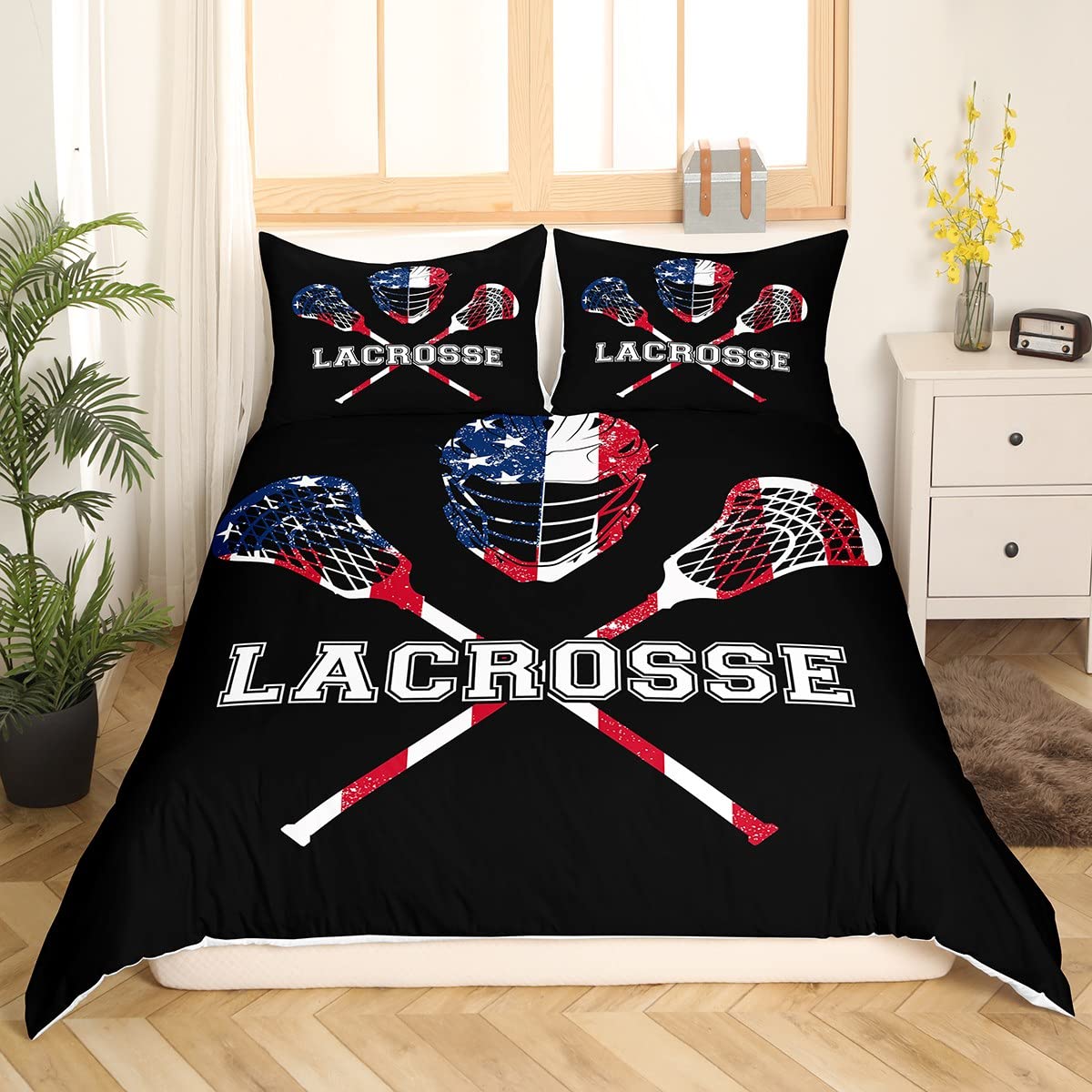 Lacrosse Comforter Cover Queen Size,Sports Ball Games Themed Bedding Set for Modern Room,American Flag Print Duvet Cover Set with 2 Pillowcases, Ultra Soft Bed Spread