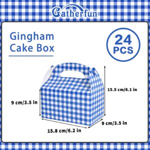 Blue and White Gingham Treat Boxes 24 Pieces Candy Gable Boxes Goodies Boxes Cardboard Present Boxes with Handles for Birthday Party Family Dinner Picnic Barbecue Father's Day Party