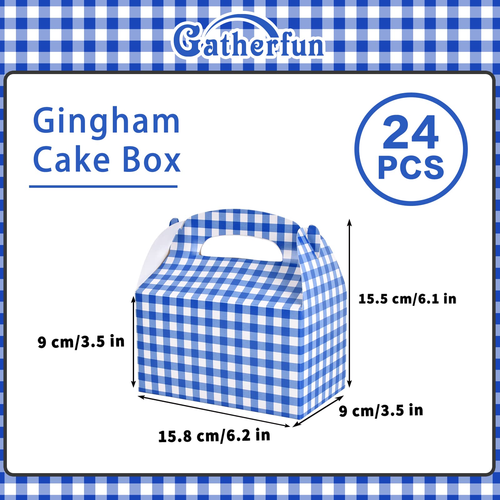 Blue and White Gingham Treat Boxes 24 Pieces Candy Gable Boxes Goodies Boxes Cardboard Present Boxes with Handles for Birthday Party Family Dinner Picnic Barbecue Father's Day Party