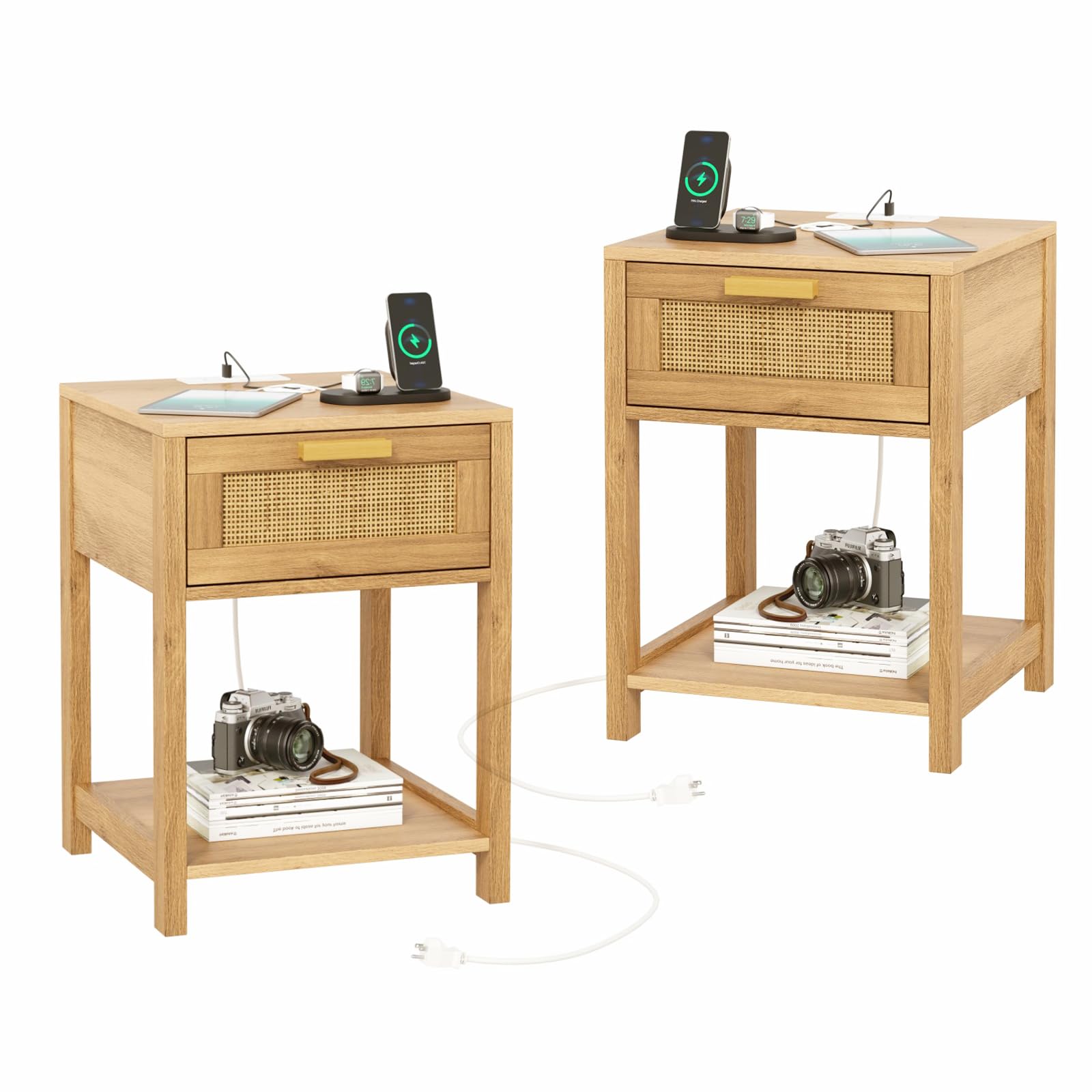 Rovaurx Rattan Set of 2 Nightstand with Charging Station, Wooden End Table with Storage Drawer and Opening Shelf, Bedside Table, Natural RCTG109ME02