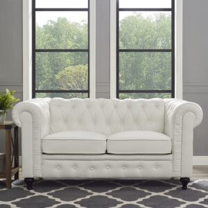 naomi home emery chesterfield leather loveseat, mini sofa sleeper loveseat, small sofa bed with rolled arms, tufted cushions 2 seater sectional small loveseat for small spaces, living room white