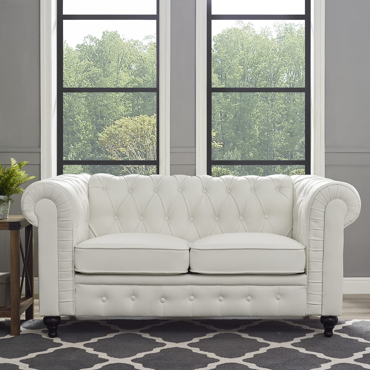 Naomi Home Emery Chesterfield Leather Loveseat, Mini Sofa Sleeper Loveseat, Small Sofa Bed with Rolled Arms, Tufted Cushions 2 Seater Sectional Small Loveseat for Small Spaces, Living Room White