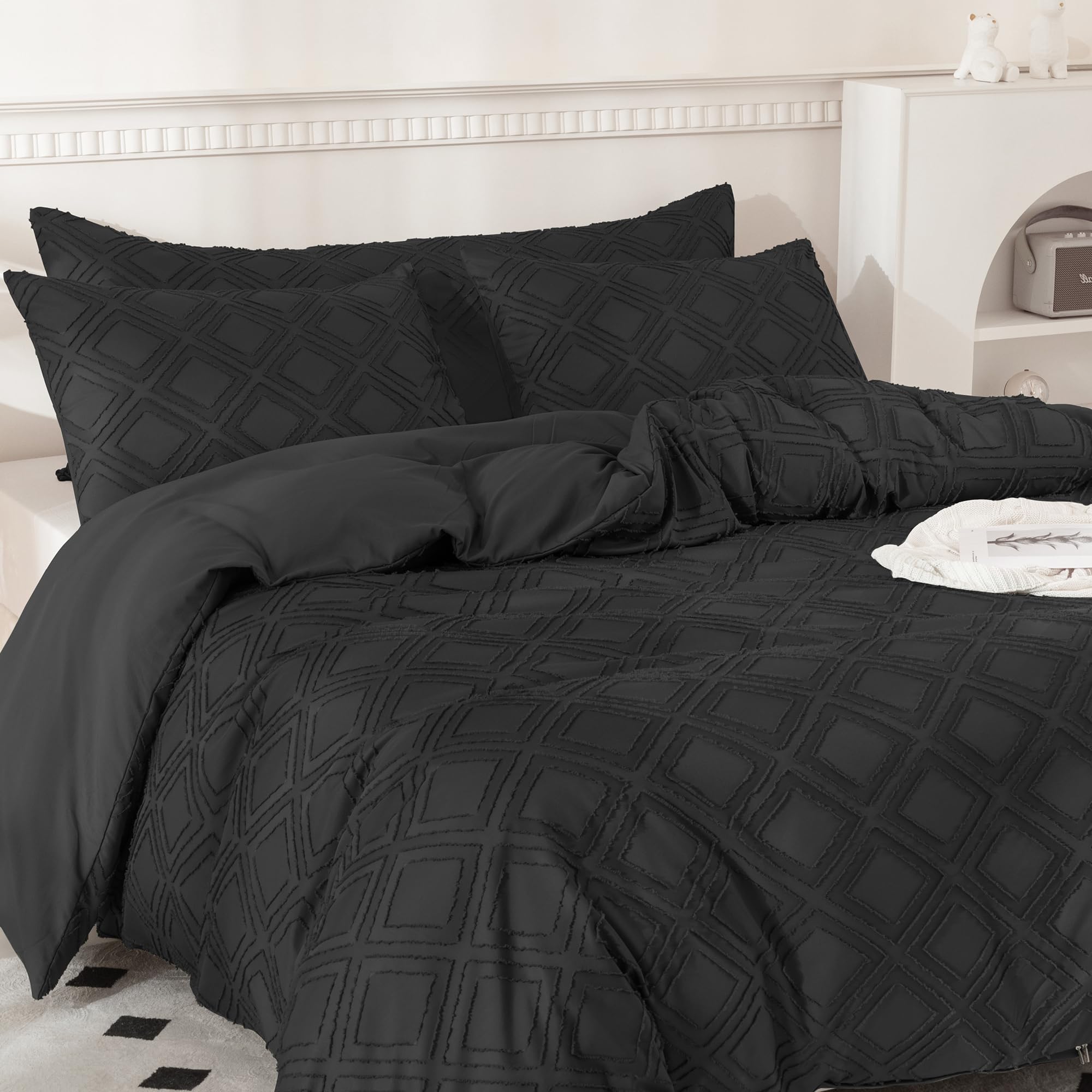 JELLYMONI Black Duvet Cover Full Size - 3 PCS Microfiber Tufted Duvet Cover Set, Boho Textured Duvet Cover Jacquard Rhombus Geometric Pattern Duvet Cover with Corner Ties & Zipper Closure