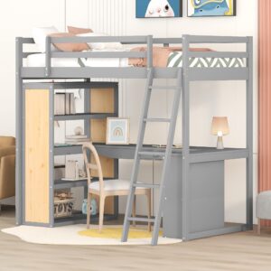 Bellemave Twin Loft Bed with Desk and 6 Storage Shelves, Wood Loft Beds Frame with Bookcase and Writing Board, Modern High Loft Bed for Kids Boys Girls Teens, Twin Size, Gray