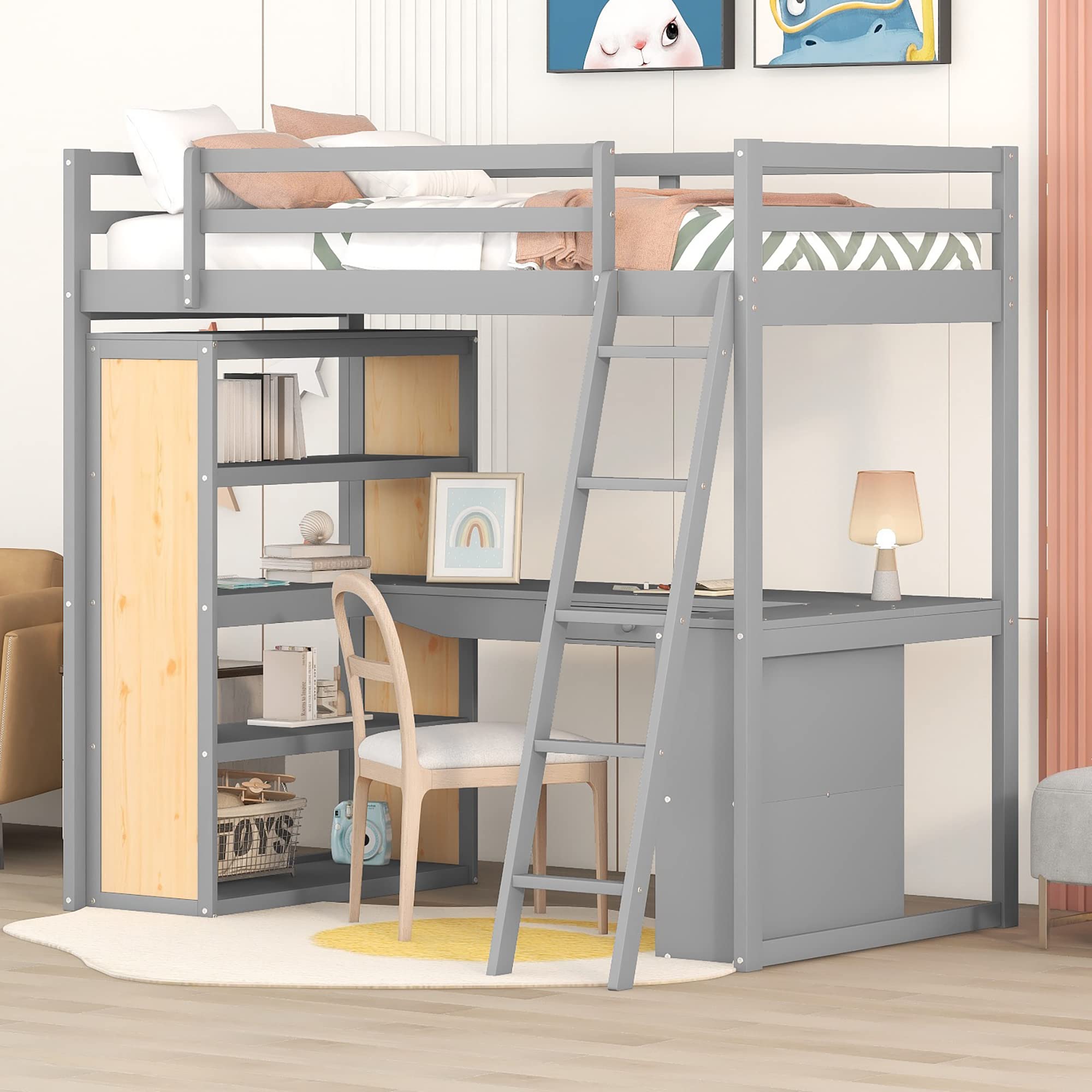 Bellemave Twin Loft Bed with Desk and 6 Storage Shelves, Wood Loft Beds Frame with Bookcase and Writing Board, Modern High Loft Bed for Kids Boys Girls Teens, Twin Size, Gray