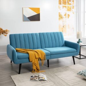 Naomi Home Raven Modern Futon Sofa Bed, Convertible Sofa Futon, Split Back Linen Sleeper Couch for Living Room, Mid Century Modern Couch Bed, Fold Out Couch Bed with Tapered Legs Seafoam Blue