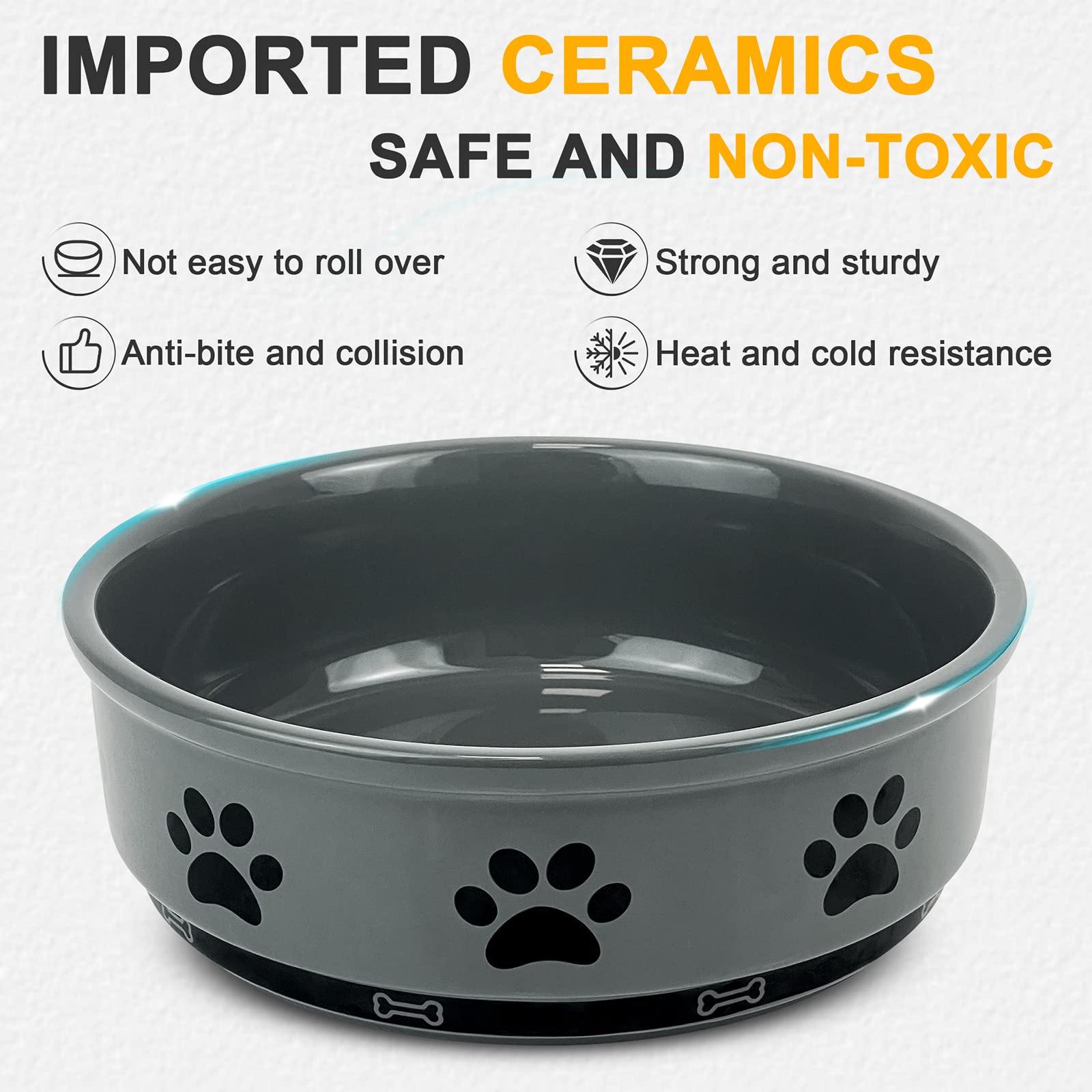 KPWACD Ceramic Pet Bowl for Dogs and Cats, Weighted Non-Slip Dog Bowls Food and Water Dish, Durable Pets Feeding Bowls Suitable for Small, Medium, and Large Dogs, Grey, 70 Oz