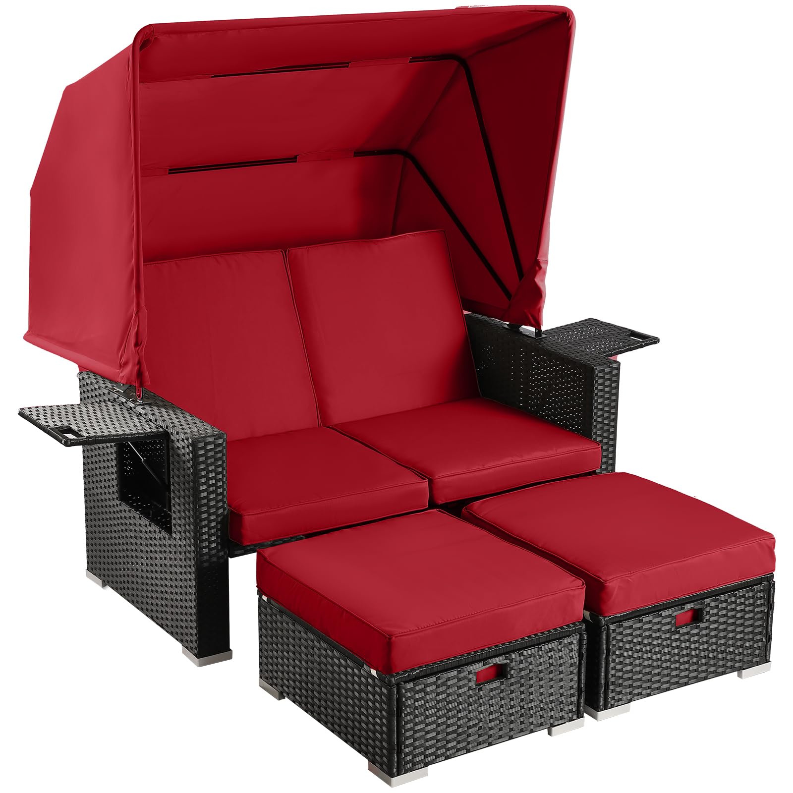 LEISU Outdoor Patio Furniture Sunbed with Retractable Canopy, PE Wicker Rattan Rectangle Sectional Sofa Set Clamshell Sectional Seating with Washable Cushions for Lawn Garden Poolside Backyard (Red)