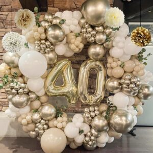 Gold Birthday Decorations, Gold Party Decorations, White and Gold Balloons Happy Birthday Banner Tablecloth Fringe Curtain Paper Pom Poms for Kids Women Men Girls Boys Birthday Golden Birthday Decor