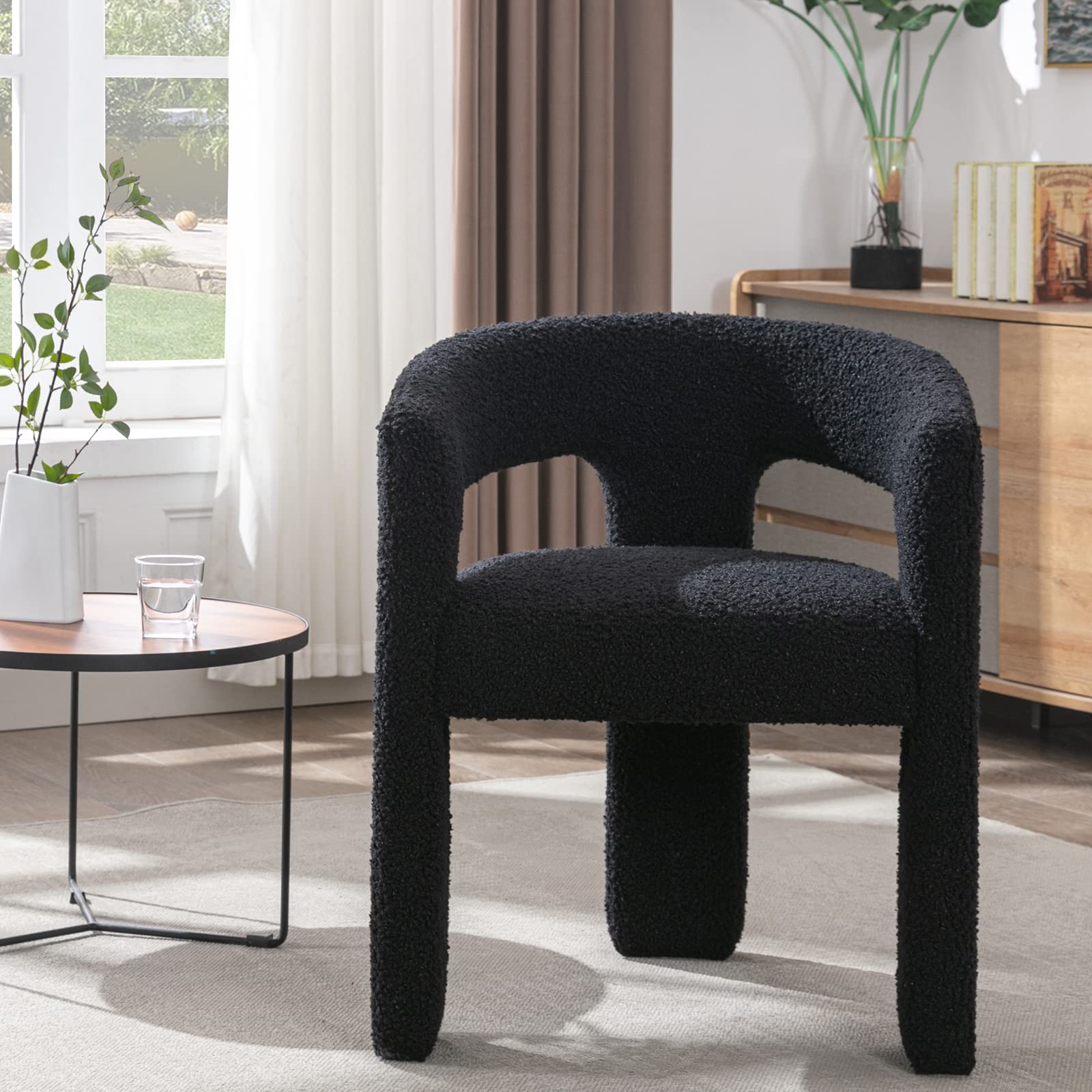 Modern Sherpa Barrel Dining Chair Upholstered Faux Fur Dining Room Chair with Arm Comfy Accent Side Chair for Kitchen/Living Room/Reception, Black