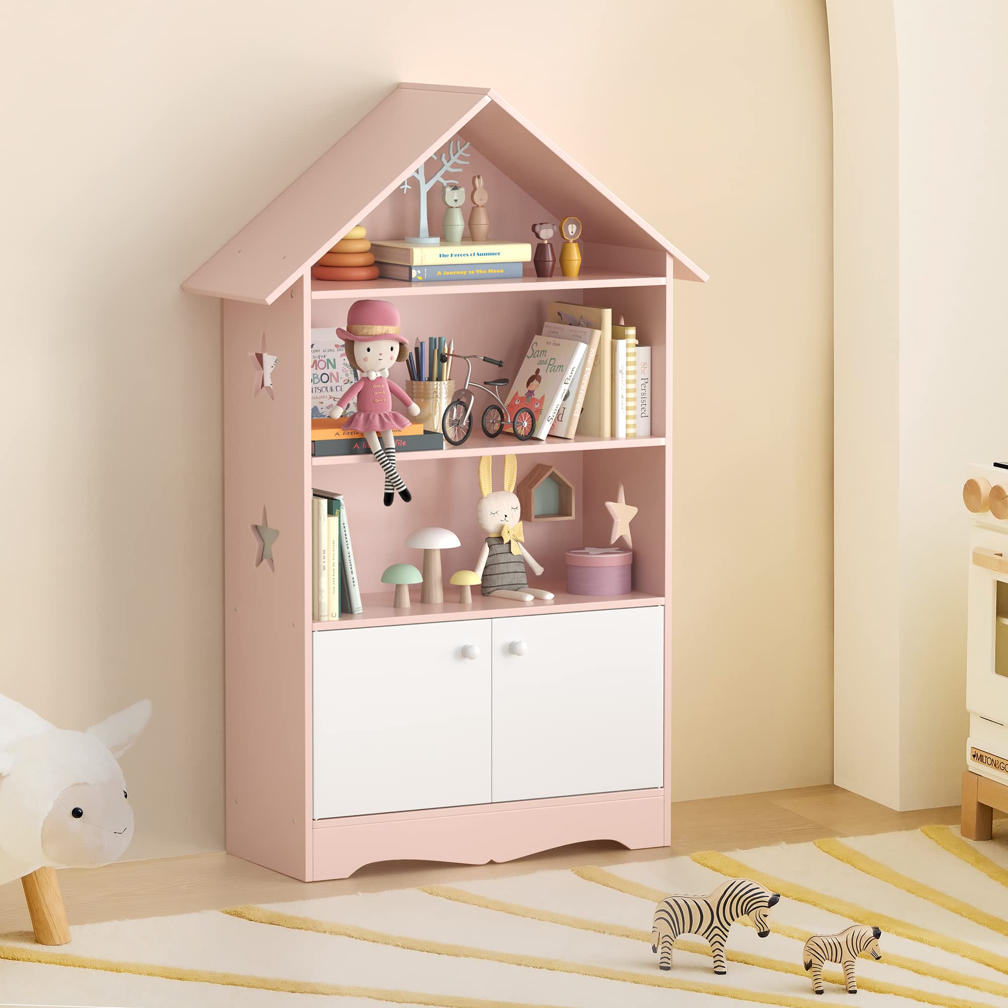 Curipeer Kids Dollhouse Bookshelf, Large Wooden Kids Bookshelf and Toy Storage with Doors, 3-Tier Open Display Organizer and 1-Tier Hidden Storage Dollhouse Bookcase for Ages 3-7, Pink