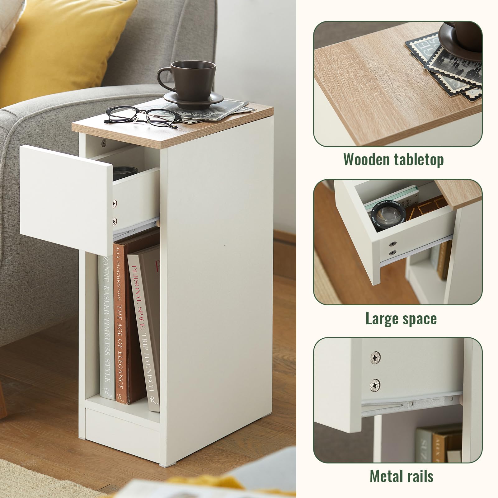 SoBuy Set of 2 Nightstand, Bedside Furniture, Beside Table End Table, Narrow Storage Cabinet with Storage Drawer and Open Compartment, White & Natural FBT111-WNX2