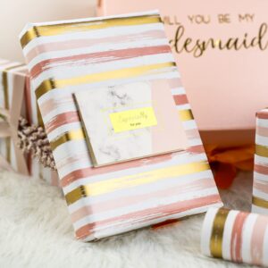 WRAPAHOLIC Reversible Wrapping Paper - Mini Roll - 17 Inch X 33 Feet - Pink Gold Lines and Solid Pink Design for Birthday, Holiday, Wedding, Baby Shower