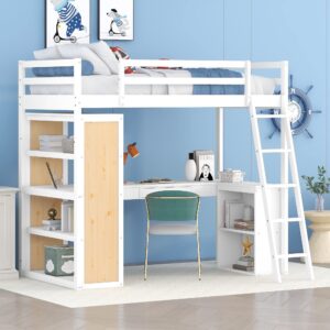 Bellemave Twin Loft Bed with Desk and 6 Storage Shelves, Wood Loft Beds Frame with Bookcase and Writing Board, Modern High Loft Bed for Kids Boys Girls Teens, Twin Size, White