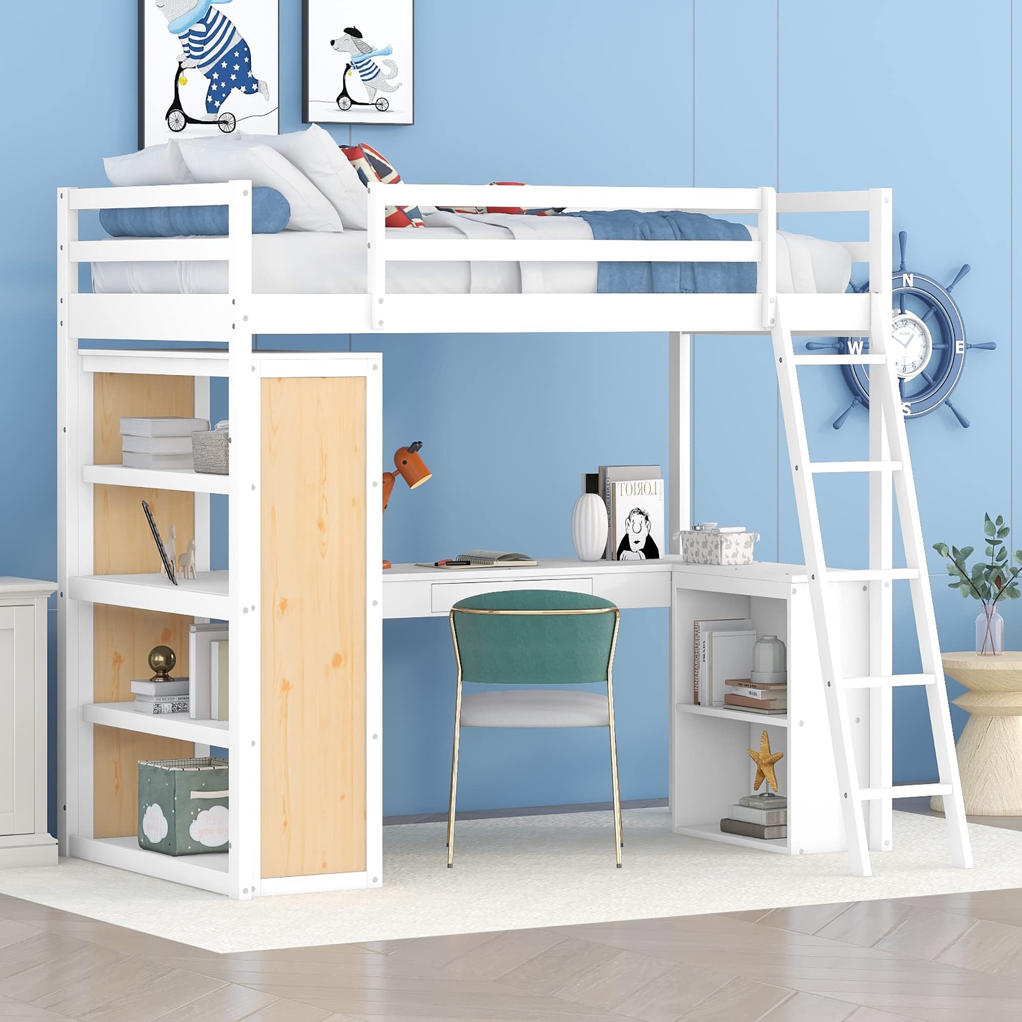 Bellemave Twin Loft Bed with Desk and 6 Storage Shelves, Wood Loft Beds Frame with Bookcase and Writing Board, Modern High Loft Bed for Kids Boys Girls Teens, Twin Size, White