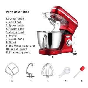 Kitchen Stand Mixer, 6.5 Quart, 6 Speed Tilt-Head Kitchen Mixer, Electric Food Mixer with Dough Hook, Wire Whip, Beater, Red