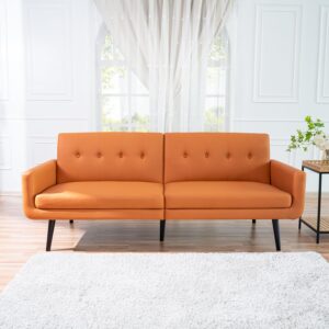 Naomi Home Monica Leather Futon Sofa, Caramel, Mid Century Modern Style, Faux Leather, Split Back, Tapered Legs, Living Room, 78.34x33.85x32.48 inches, 300 pounds Weight Recommendation