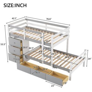 Harper & Bright Designs Twin Over Twin Bunk Bed with 6 Drawers, Solid Wood Bunk Beds with Ladder, Safety Rail for Kids, Boys and Girls, Teens, No Box Spring Needed (Natural)