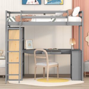 Bellemave Twin Loft Bed with Desk and 6 Storage Shelves, Wood Loft Beds Frame with Bookcase and Writing Board, Modern High Loft Bed for Kids Boys Girls Teens, Twin Size, Gray