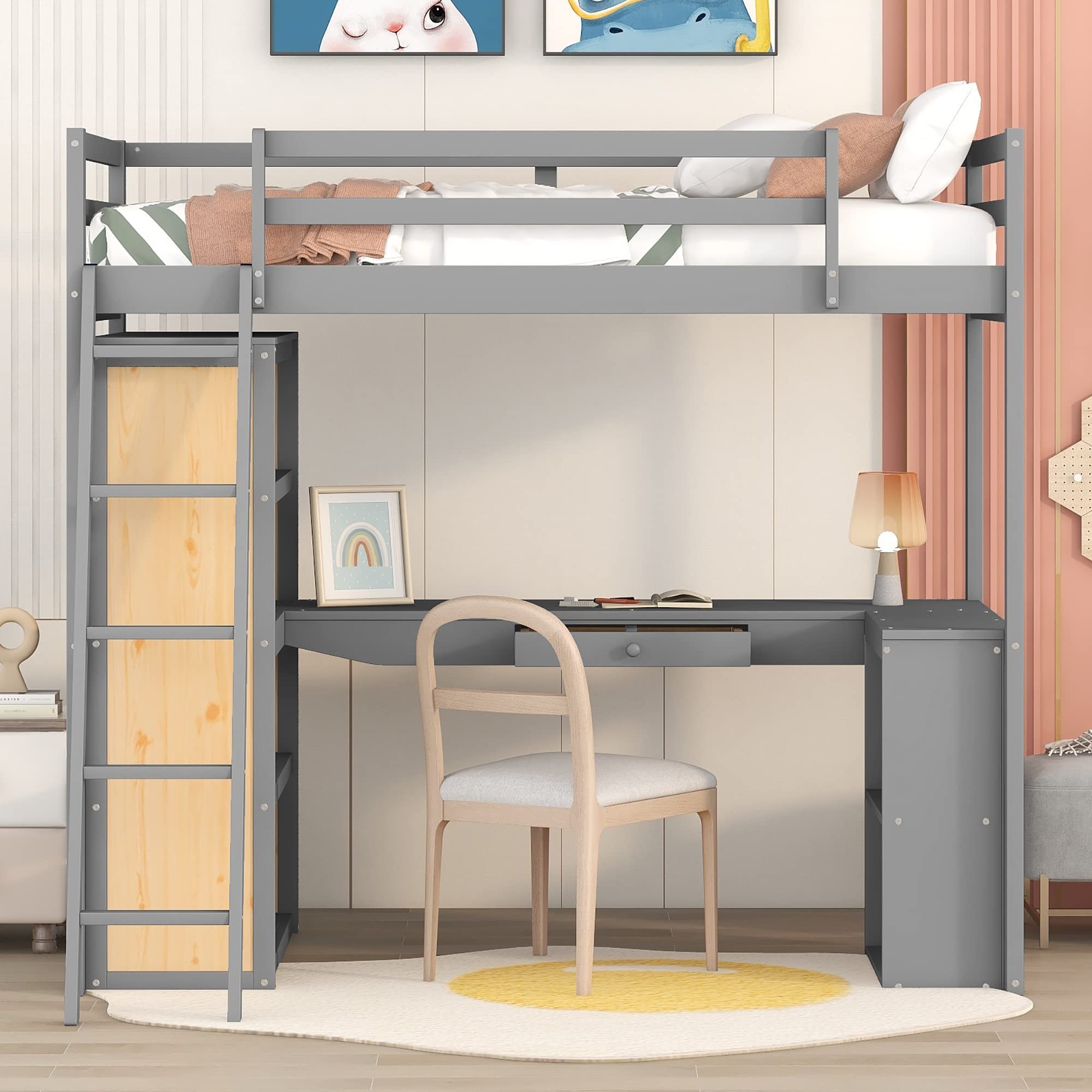 Bellemave Twin Loft Bed with Desk and 6 Storage Shelves, Wood Loft Beds Frame with Bookcase and Writing Board, Modern High Loft Bed for Kids Boys Girls Teens, Twin Size, Gray