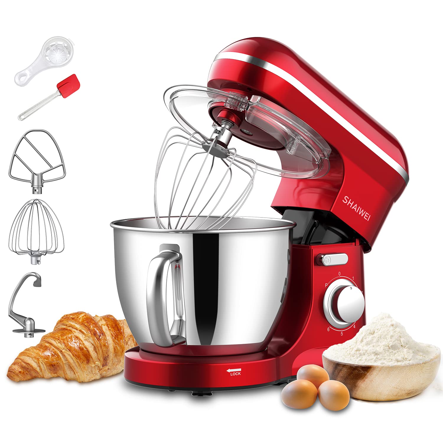 Kitchen Stand Mixer, 6.5 Quart, 6 Speed Tilt-Head Kitchen Mixer, Electric Food Mixer with Dough Hook, Wire Whip, Beater, Red