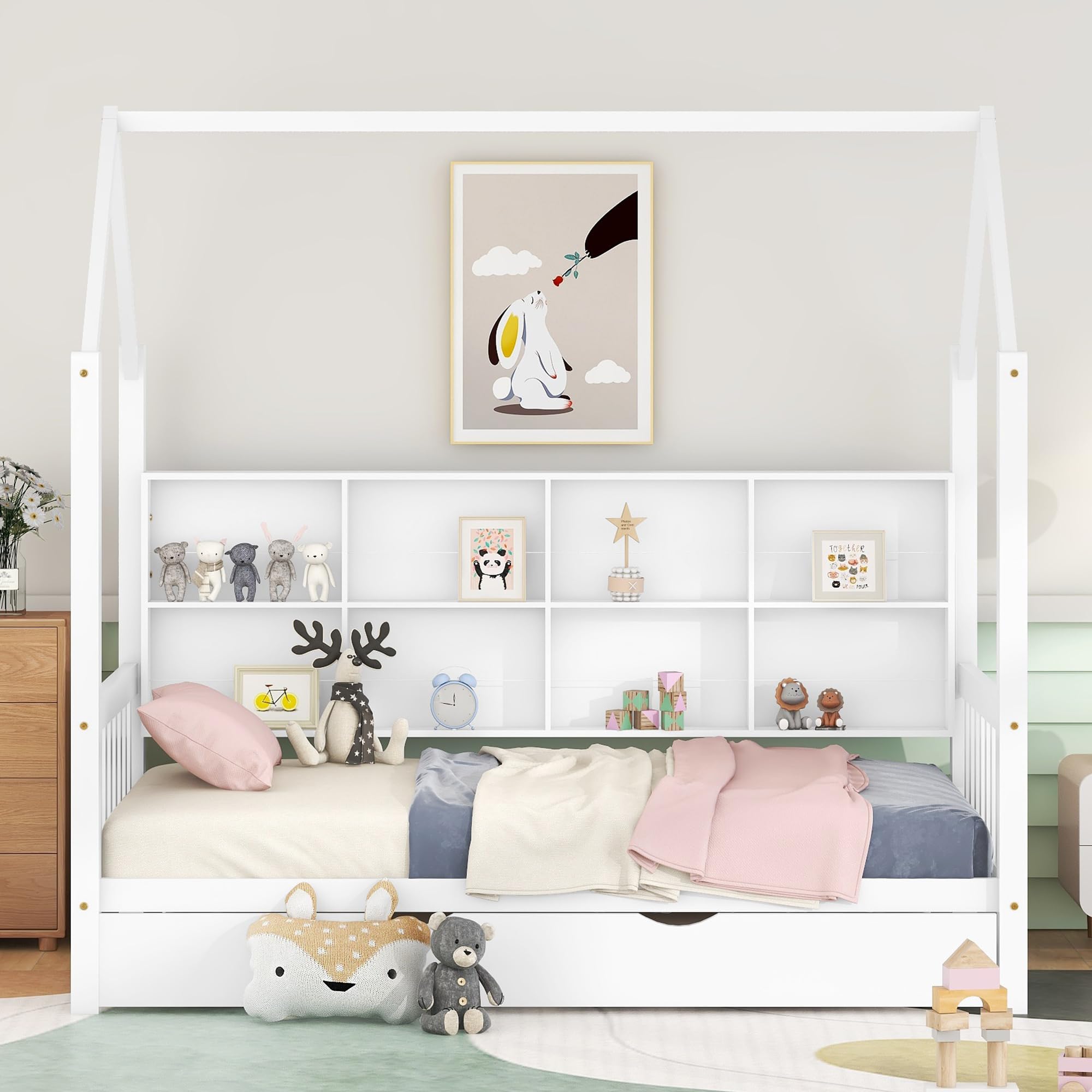 Harper & Bright Designs Twin Size House Bed with Trundle, Wood Twin House Bed Frame with Shelf Compartment, Twin House Bed for Kids with Roof for Girls, Boys,No Box Spring Needed, White