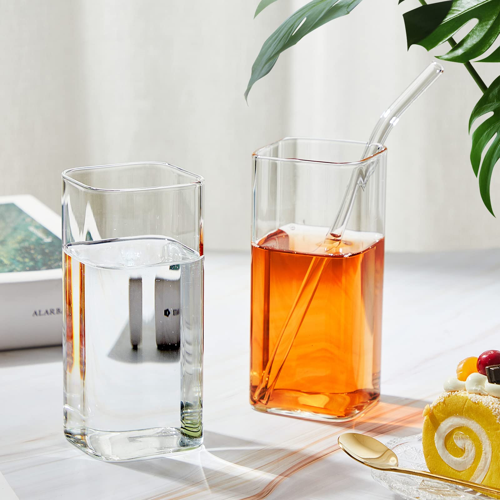 6 Pieces Square Drinking Glasses 13 oz Square Glass Cups Modern Highball Glasses Thin Cute Cocktail Glasses Glassware with Straws and Straw Brushes for Coffee Water Juice Beer Mixed Drink Tumbler