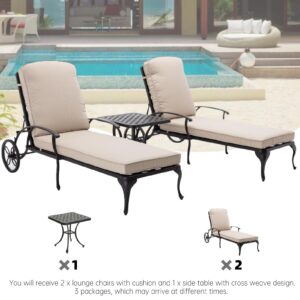 Luccalily Chaise Lounge Outdoor Chair with Side Table, Adjustable Reclining Rust-Resistant Aluminum Cast Poolside Chaise with Convenient Wheels, Outdoor Lounge Furniture Set of 3, (Beige)