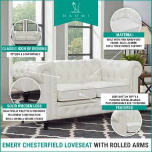 Naomi Home Emery Chesterfield Leather Loveseat, Mini Sofa Sleeper Loveseat, Small Sofa Bed with Rolled Arms, Tufted Cushions 2 Seater Sectional Small Loveseat for Small Spaces, Living Room White