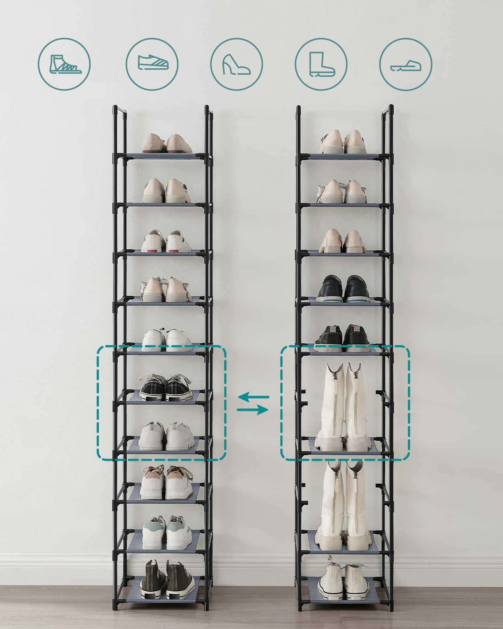 SONGMICS Shoe Rack, 10 Tier Shoe Shelf, Shoe Storage Organizer, Space-Saving, 13 x 13 x 68.1 Inches, Metal Frame, Non-Woven Fabric Shelves, for Entryway, Bedroom, Grey ULSR110G01