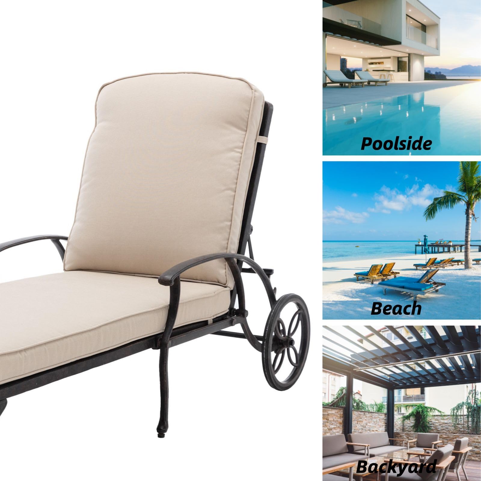 Luccalily Chaise Lounge Outdoor Chair with Side Table, Adjustable Reclining Rust-Resistant Aluminum Cast Poolside Chaise with Convenient Wheels, Outdoor Lounge Furniture Set of 3, (Beige)