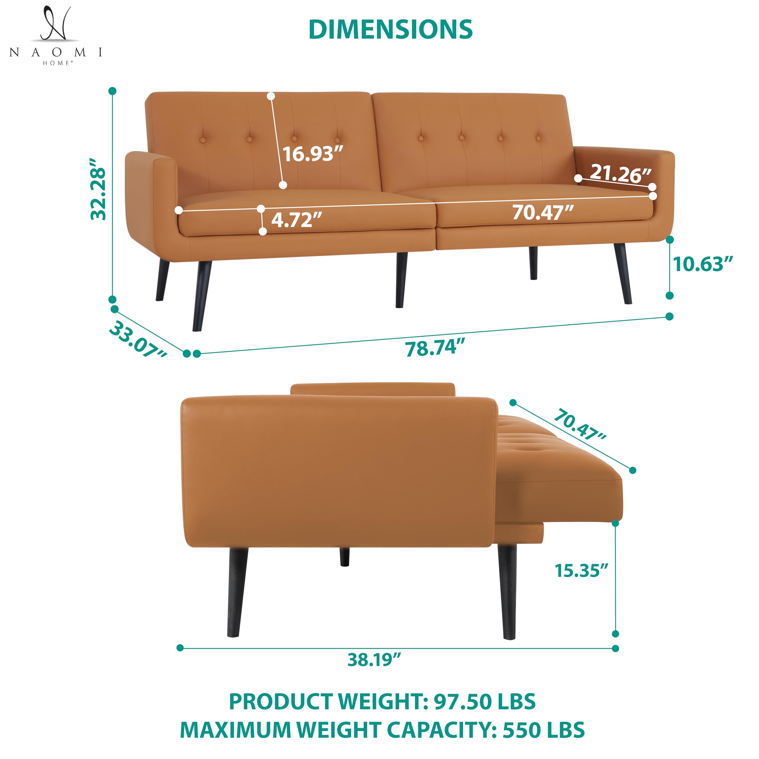 Naomi Home Monica Leather Futon Sofa, Caramel, Mid Century Modern Style, Faux Leather, Split Back, Tapered Legs, Living Room, 78.34x33.85x32.48 inches, 300 pounds Weight Recommendation