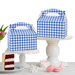 Blue and White Gingham Treat Boxes 24 Pieces Candy Gable Boxes Goodies Boxes Cardboard Present Boxes with Handles for Birthday Party Family Dinner Picnic Barbecue Father's Day Party