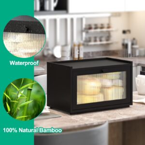 kiplant Large Bread Box for Kitchen Counter, Black Bamboo Bread Storage Container with Wavy Arcylic Transparent Door, Bamboo Wooden Farmhouse Bread Box for Your House