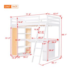 Bellemave Twin Loft Bed with Desk and 6 Storage Shelves, Wood Loft Beds Frame with Bookcase and Writing Board, Modern High Loft Bed for Kids Boys Girls Teens, Twin Size, White