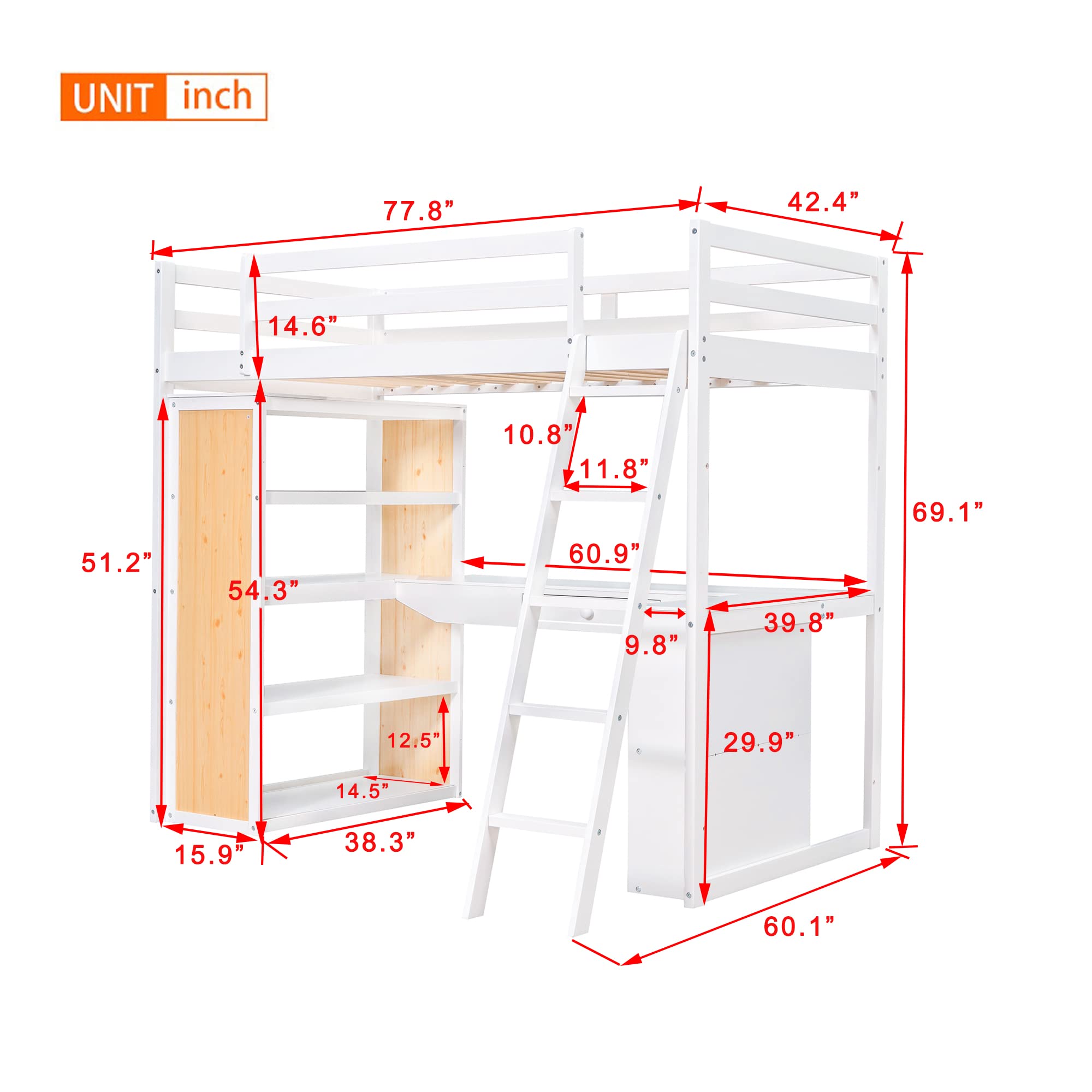 Bellemave Twin Loft Bed with Desk and 6 Storage Shelves, Wood Loft Beds Frame with Bookcase and Writing Board, Modern High Loft Bed for Kids Boys Girls Teens, Twin Size, White