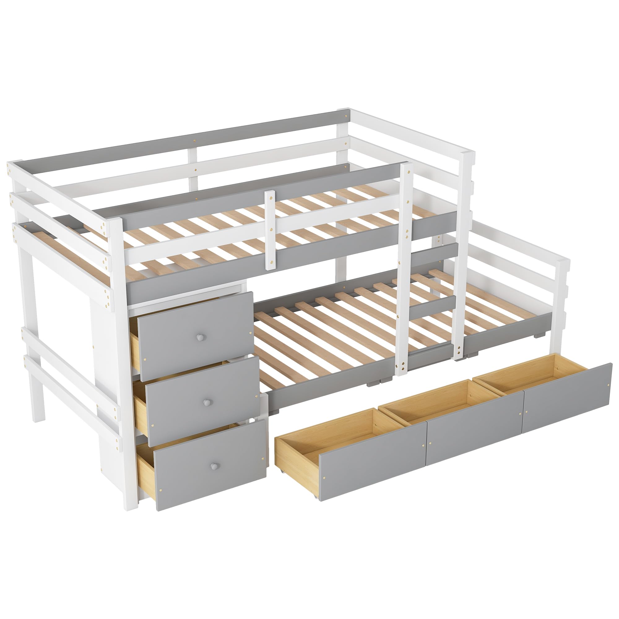 Harper & Bright Designs Twin Over Twin Bunk Bed with 6 Drawers, Solid Wood Bunk Beds with Ladder, Safety Rail for Kids, Boys and Girls, Teens, No Box Spring Needed (Natural)