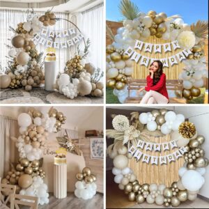 Gold Birthday Decorations, Gold Party Decorations, White and Gold Balloons Happy Birthday Banner Tablecloth Fringe Curtain Paper Pom Poms for Kids Women Men Girls Boys Birthday Golden Birthday Decor