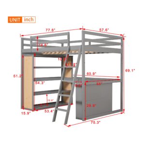 Bellemave Full Loft Bed with Desk and 6 Storage Shelves, Wood Loft Beds Frame with Bookcase and Writing Board, Modern High Loft Bed for Kids Boys Girls Teens, Full Size, White, Gray With Shelves