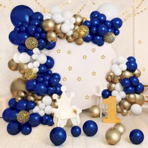 145Pcs Royal Blue and Gold Balloons, Graduation Decorations Class of 2024 Navy Blue Balloon Garland Kit Gold White Confetti Foil Crown for College Baby Shower Birthday Gender Reveal Wedding Party