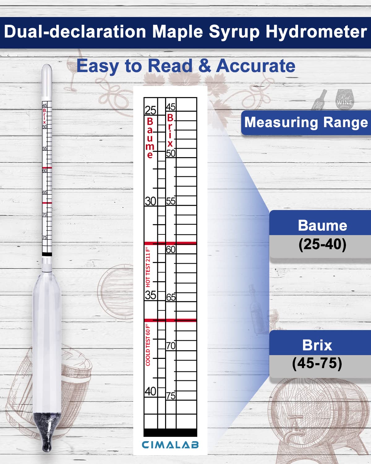 Cimalab Maple Syrup Hydrometer, Accurate Hydrometer for Maple Syrup Making, Hydrometer Maple Syrup Supplies with Brix & Baume Scales, Syrup Hydrometer for Measure Sugar Content in The Syrup Sap