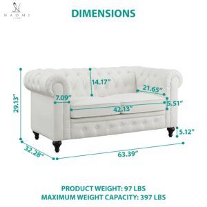 Naomi Home Emery Chesterfield Leather Loveseat, Mini Sofa Sleeper Loveseat, Small Sofa Bed with Rolled Arms, Tufted Cushions 2 Seater Sectional Small Loveseat for Small Spaces, Living Room White