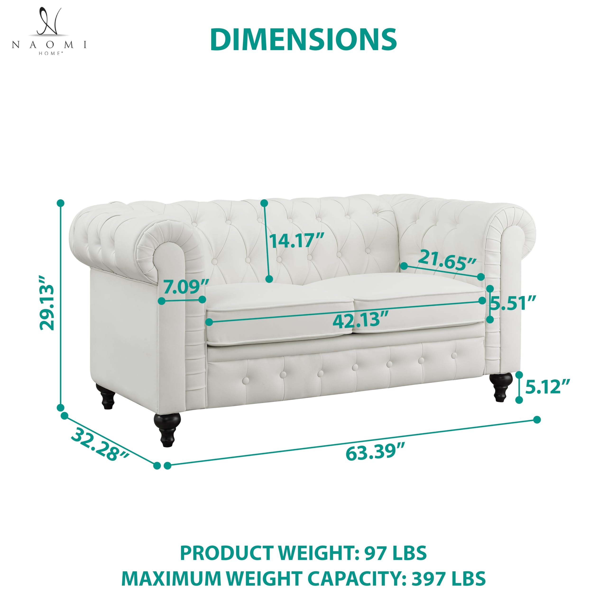 Naomi Home Emery Chesterfield Leather Loveseat, Mini Sofa Sleeper Loveseat, Small Sofa Bed with Rolled Arms, Tufted Cushions 2 Seater Sectional Small Loveseat for Small Spaces, Living Room White