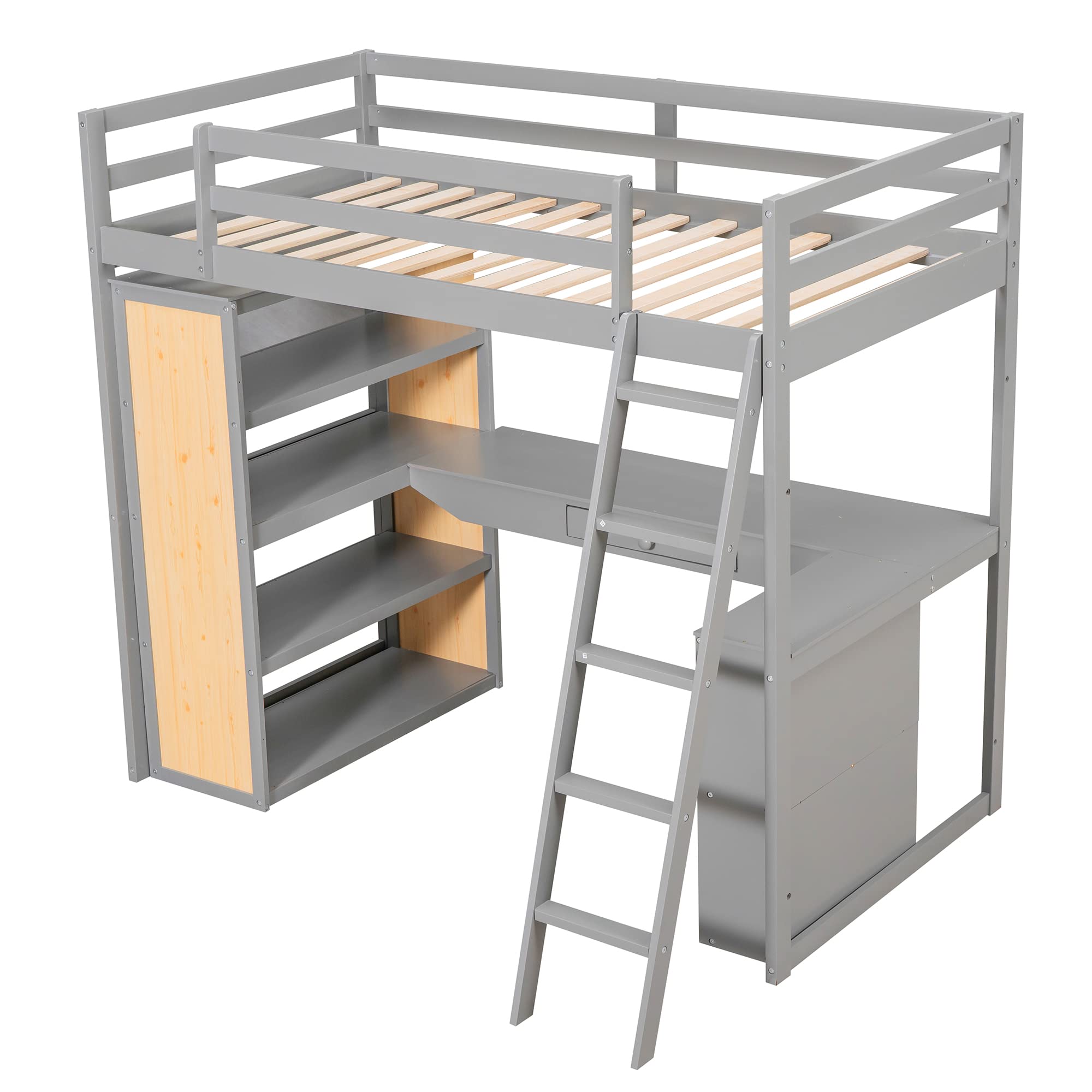 Bellemave Twin Loft Bed with Desk and 6 Storage Shelves, Wood Loft Beds Frame with Bookcase and Writing Board, Modern High Loft Bed for Kids Boys Girls Teens, Twin Size, Gray