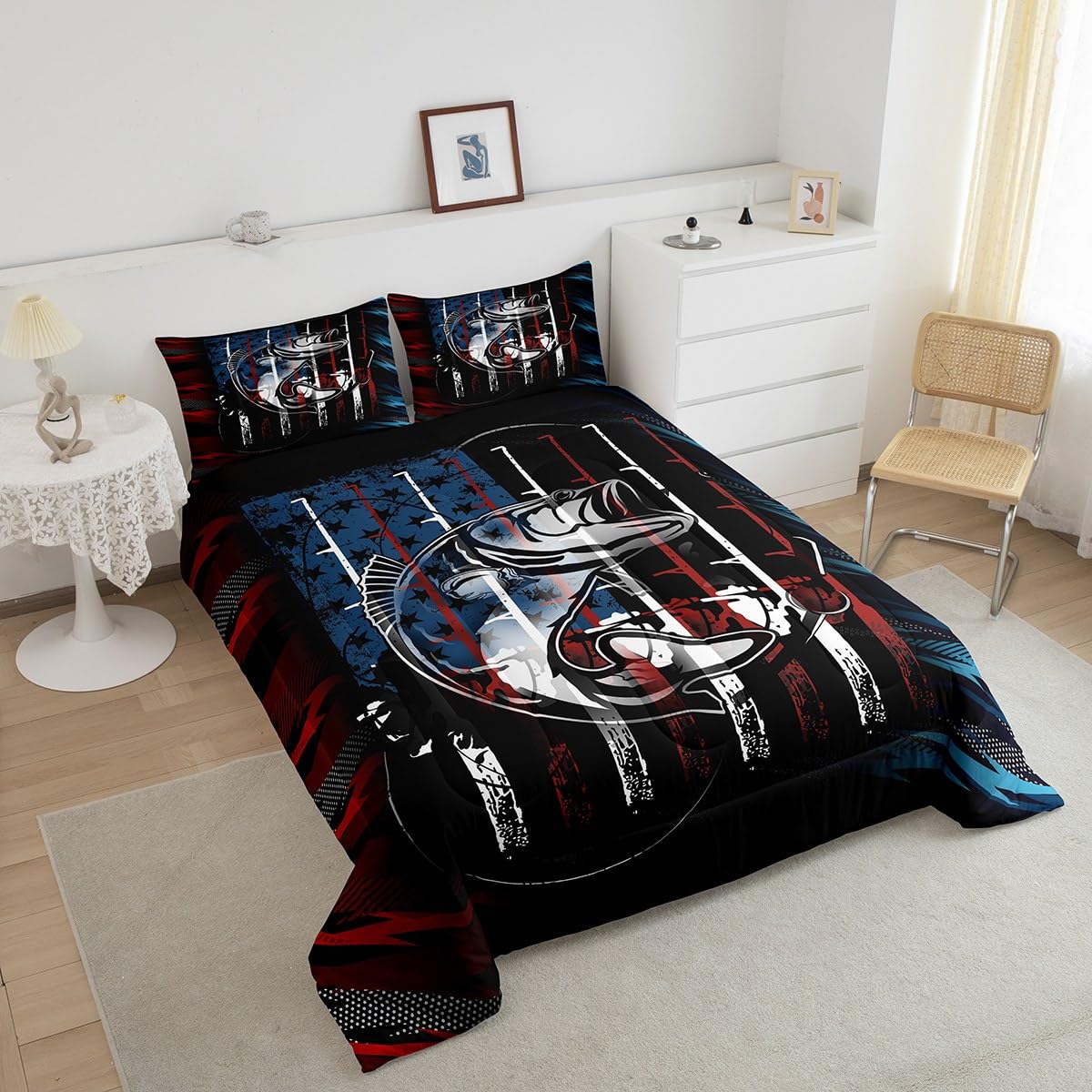 Erosebridal Hunting Fishing Comforter Set Twin American Flag Bass Fish Bedding Set Retro Fishermen Fishing Rod Bedding Comforter Sets for Boys Teen Men Big Pike Fish Quilt Duvet Red Blue Black 2 Pcs