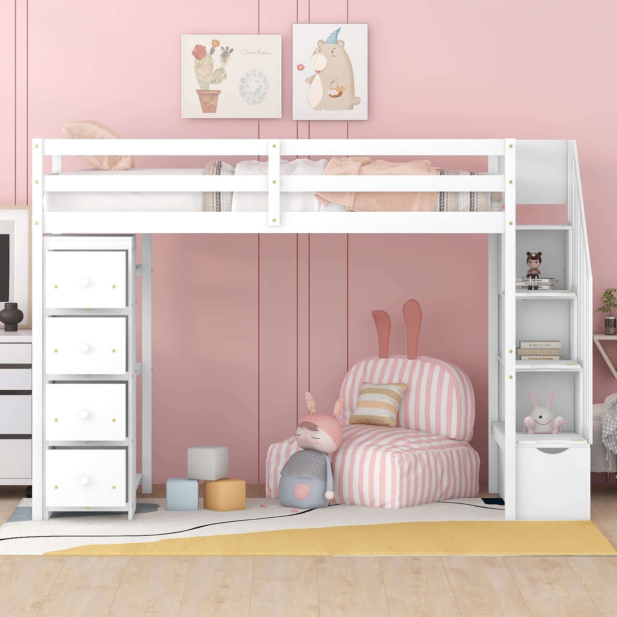 Twin Loft Bed with Stairs and Storage Drawers, Wood Loft Beds Frame with Shelves and Bookcase, Modern High Loft for Kids Boys Girls Teens, Twin Size, White