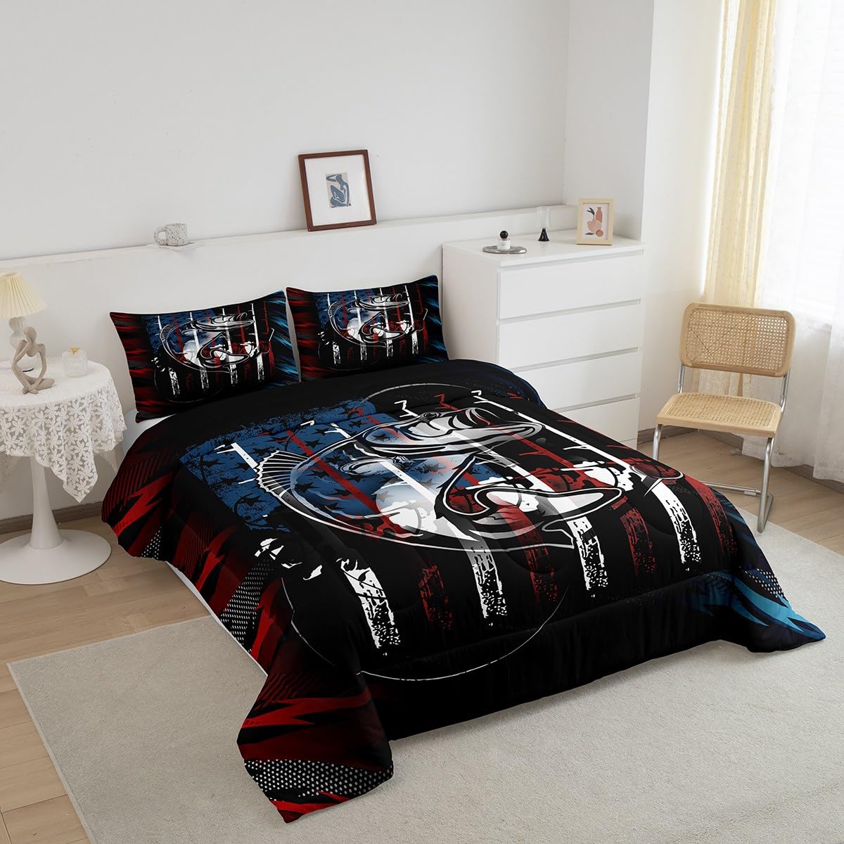 Erosebridal Hunting Fishing Comforter Set Twin American Flag Bass Fish Bedding Set Retro Fishermen Fishing Rod Bedding Comforter Sets for Boys Teen Men Big Pike Fish Quilt Duvet Red Blue Black 2 Pcs