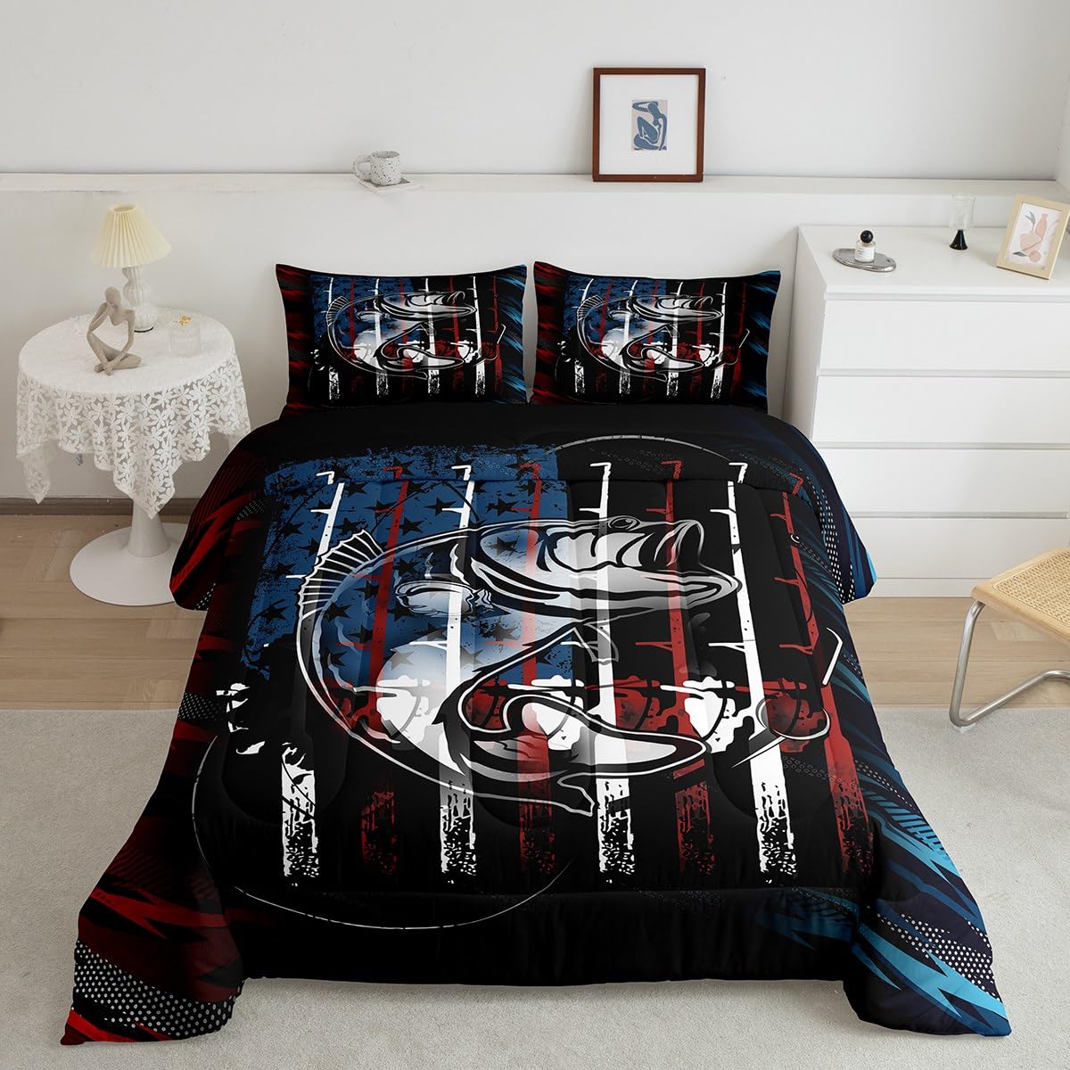 Erosebridal Hunting Fishing Comforter Set Twin American Flag Bass Fish Bedding Set Retro Fishermen Fishing Rod Bedding Comforter Sets for Boys Teen Men Big Pike Fish Quilt Duvet Red Blue Black 2 Pcs