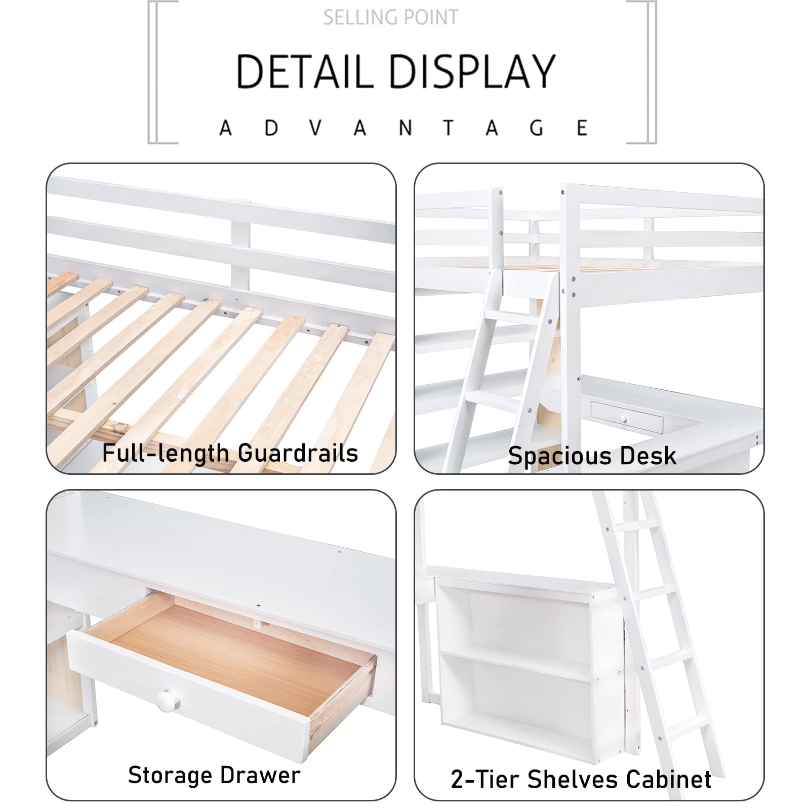 Harper & Bright Designs Twin Size Loft Bed with Desk and Drawer, Wood Twin Loft Bed with Desk,Shelves and Cabinet Underneath, High Loft Bed Twin with Storage for Kids, Boys,Girls,Teens (White,Twin)